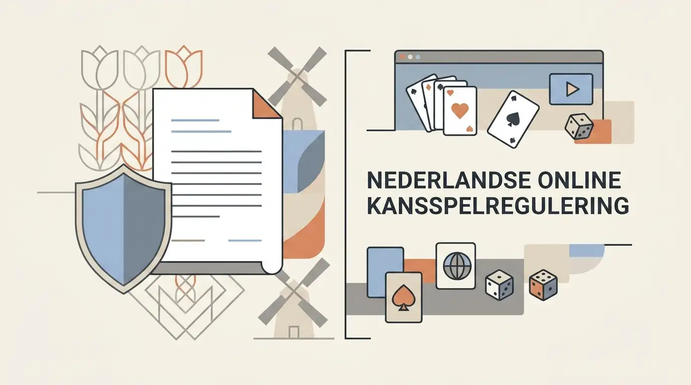 Illustratieve Nederlandse regelgevingscontext rond online kansspelen met neutrale juridische symbolen