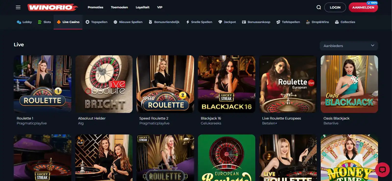 Actuele Winorio live-casinolobby met live spelcategorieën