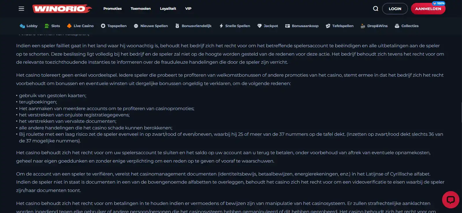 Officiële Winorio voorwaarden over KYC-documenten en identiteitscontrole