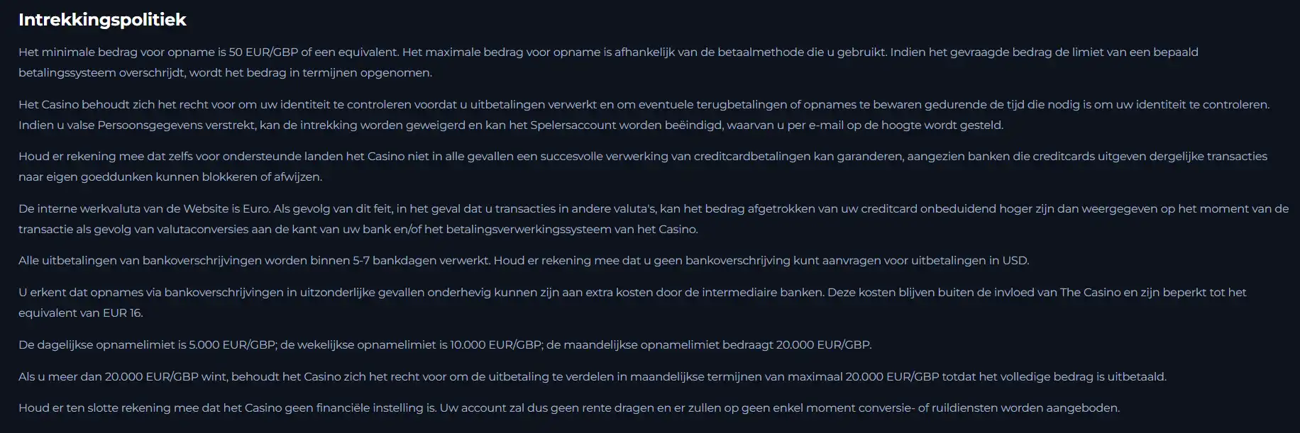 Officiële Winorio voorwaarden over storten, opnames en uitbetalingslimieten