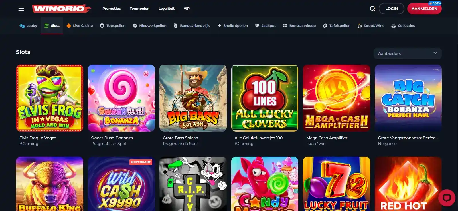 Winorio spellobby met meerdere spelcategorieën en providerfilters
