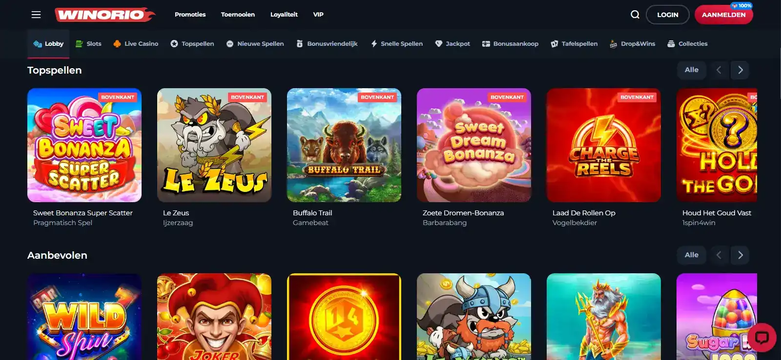 Actuele Winorio homepage of lobby met zichtbare casino-interface